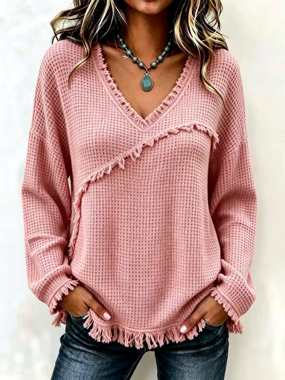 Women's Solid-Color V-Neck Fringe-Trim Relaxed-Fit Long-Sleeve Shirt in Pink - product view