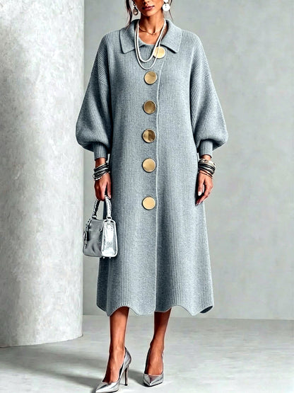 Women's Knit Solid-Color Polo-Collar Statement-Button Patchwork Dress in Gray - product view