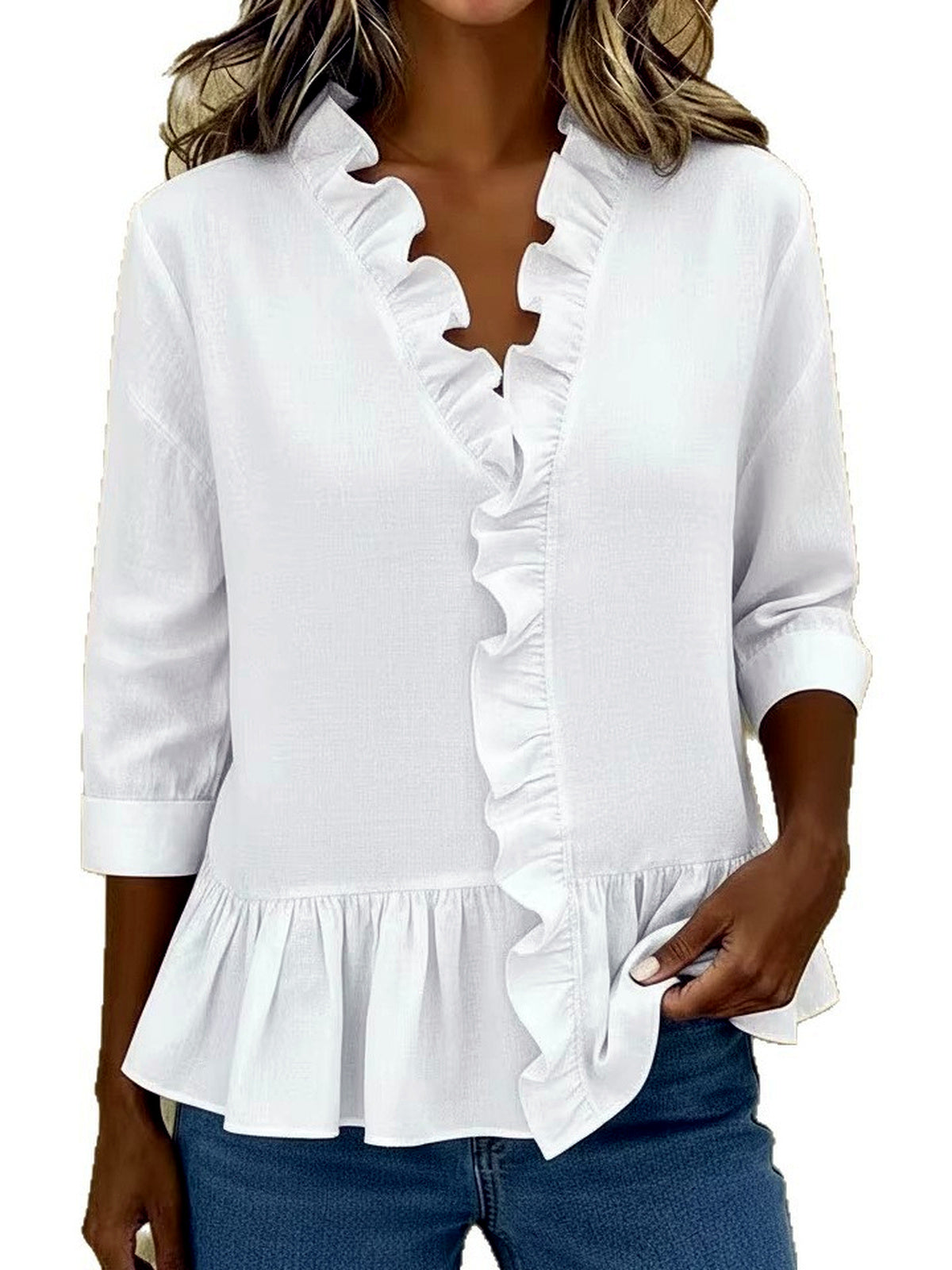 Women's Solid-Color Ruffle-Trim Relaxed-Fit Long-Sleeve Longline Mid-Length Shirt - product detail view 1