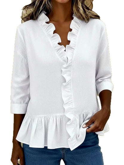 Women's Solid-Color Ruffle-Trim Relaxed-Fit Long-Sleeve Longline Mid-Length Shirt - product detail view 1