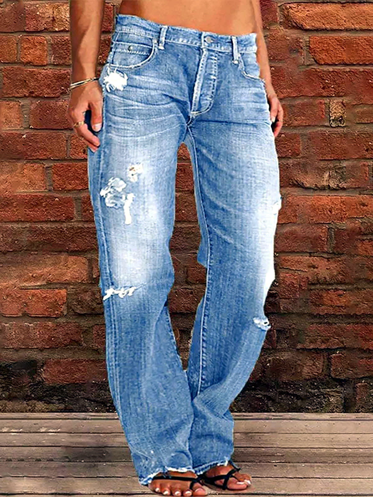 Women's Denim Mid-Rise Straight-Leg Distressed Jeans - product detail view 3