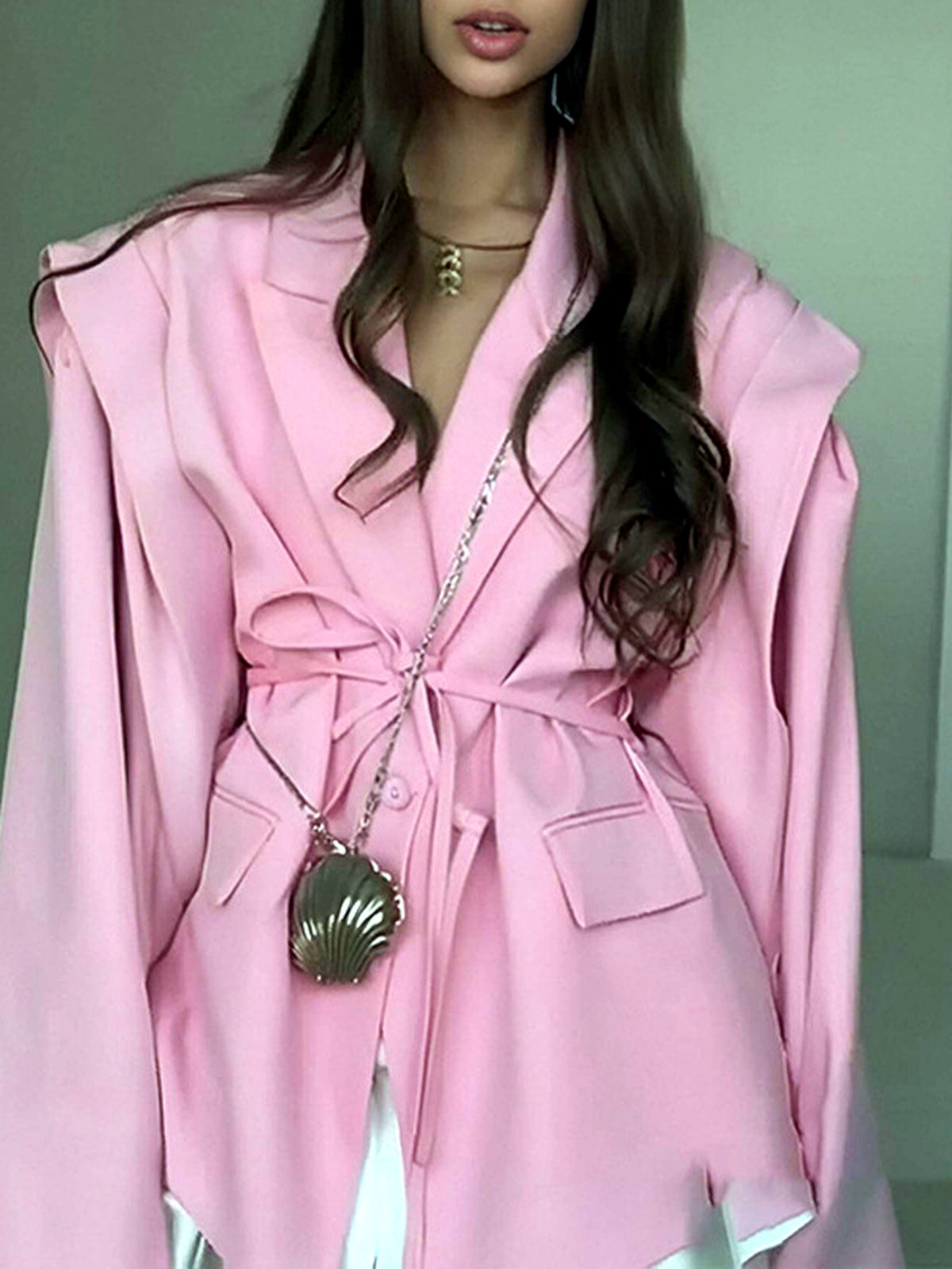 Women's Printed Solid-Color Slim-Fit Belted Long-Sleeve Office Blazer in 29782-Pink - product view