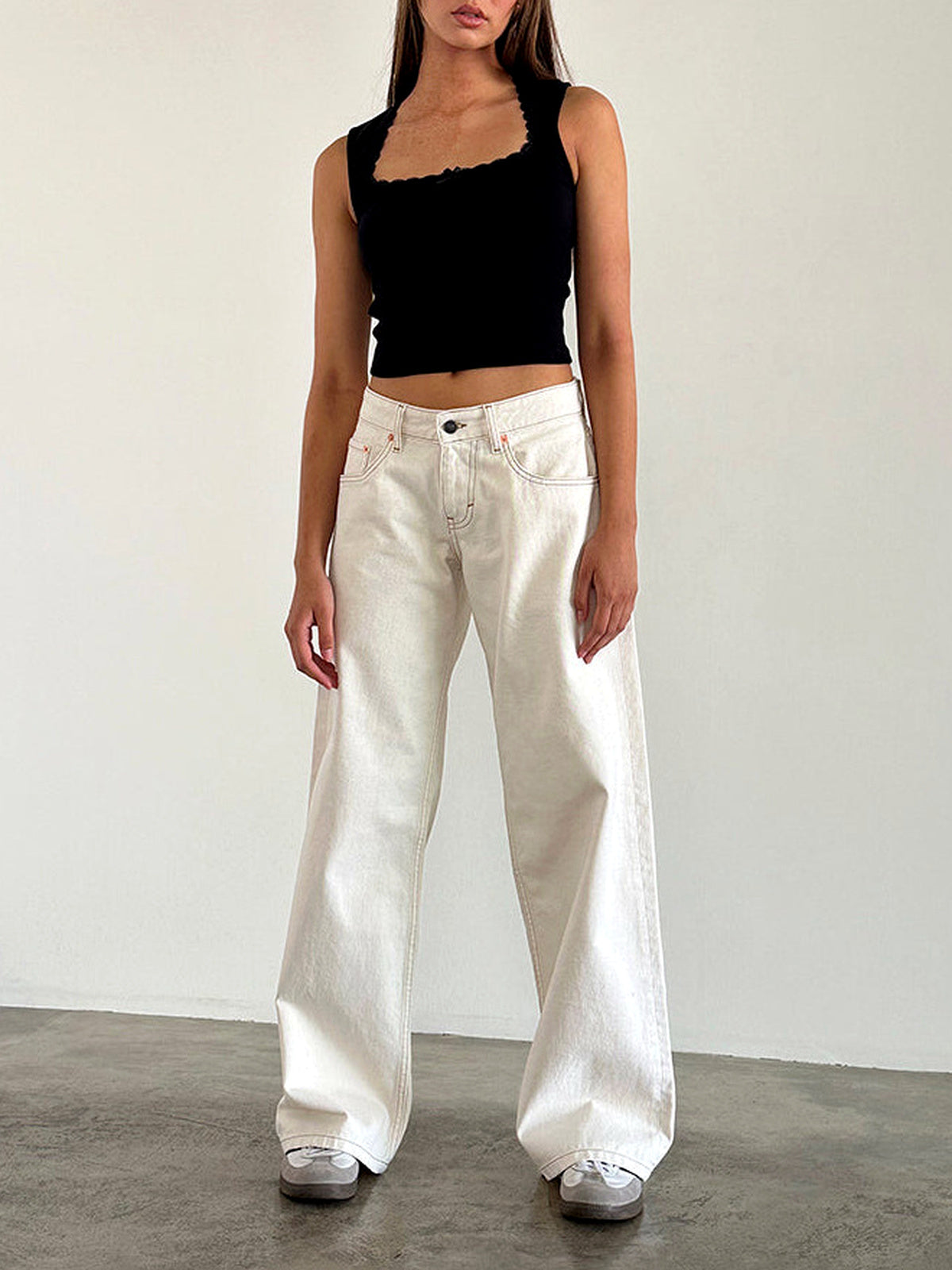 Women's Washed Denim Wide-Leg Vintage-Inspired Distressed Straight-Leg Jeans in White - product view