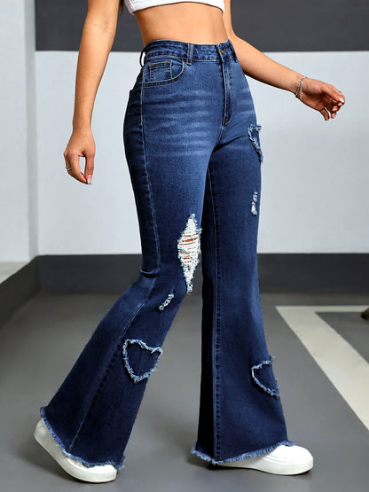Women's Washed Denim Solid-Color Distressed Raw-Hem Mid-Rise Jeans - product detail view 3