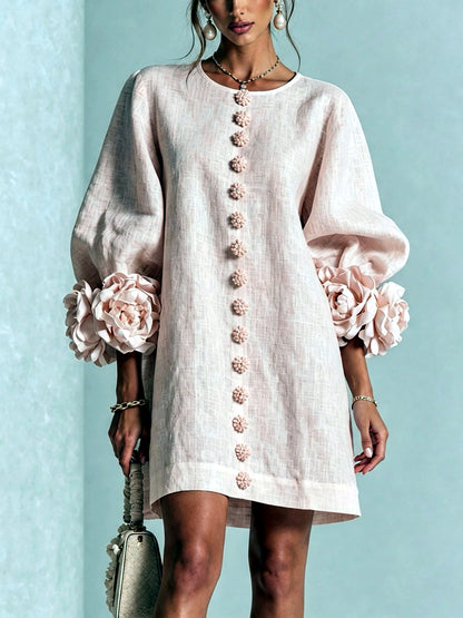 Women's Solid-Color Crew-Neck Button-Front Pullover Relaxed-Fit Dress in Pink - product view