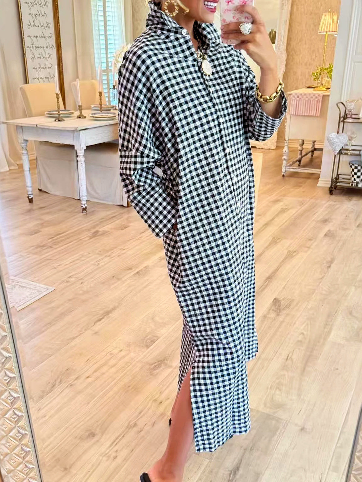 Women's Plaid Patchwork Relaxed-Fit Long-Sleeve Longline Slit Dress - product detail view 2