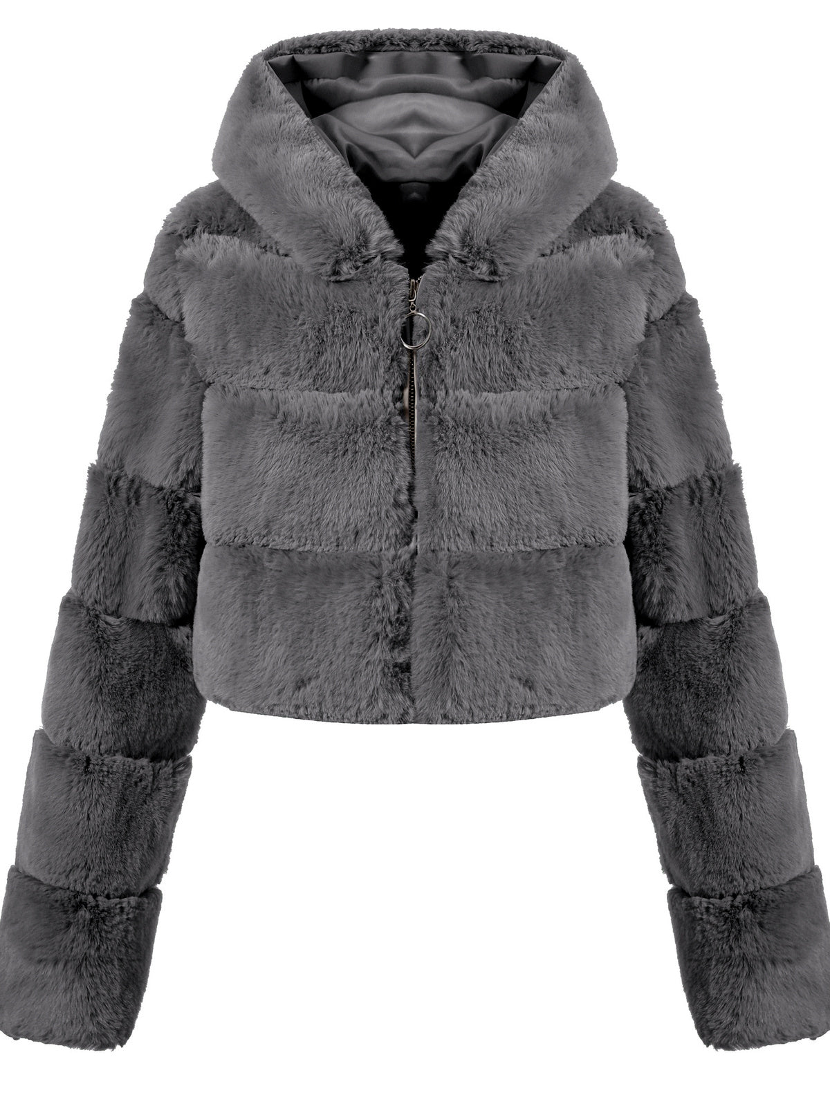 Faux-Fur Zip-Front Long-Sleeve Coat in Gray - product view