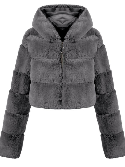 Faux-Fur Zip-Front Long-Sleeve Coat in Gray - product view