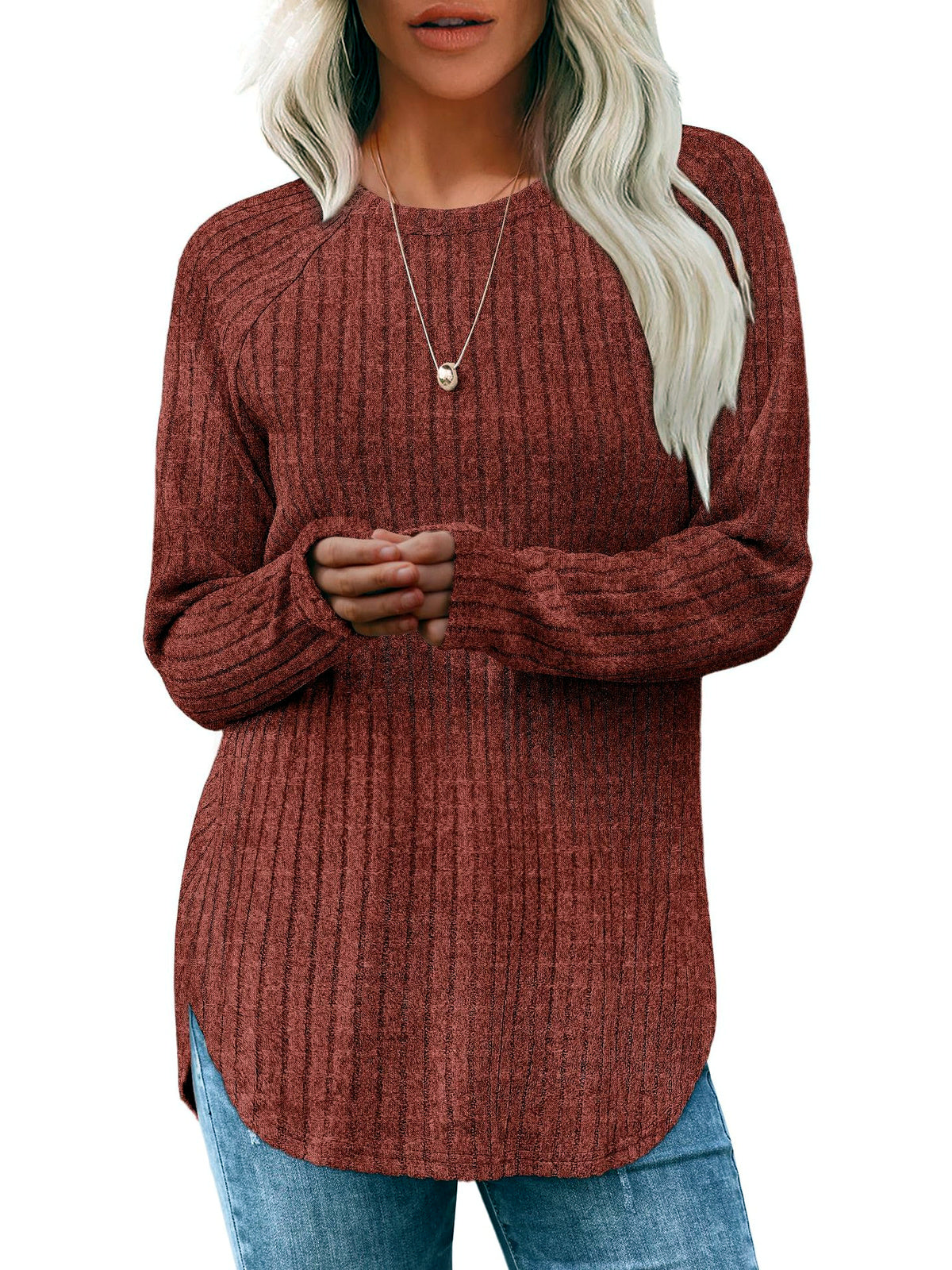 Women's Crew-Neck Relaxed-Fit Slim-Fit Long-Sleeve Top in Caramel - product view