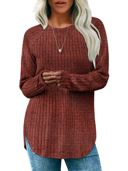 Women's Crew-Neck Relaxed-Fit Slim-Fit Long-Sleeve Top in Caramel - product view