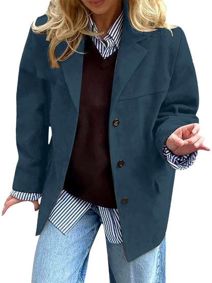 Women's Solid-Color Relaxed-Fit Single-Breasted Button-Front Point-Collar Pocket Blazer in Blue - product view