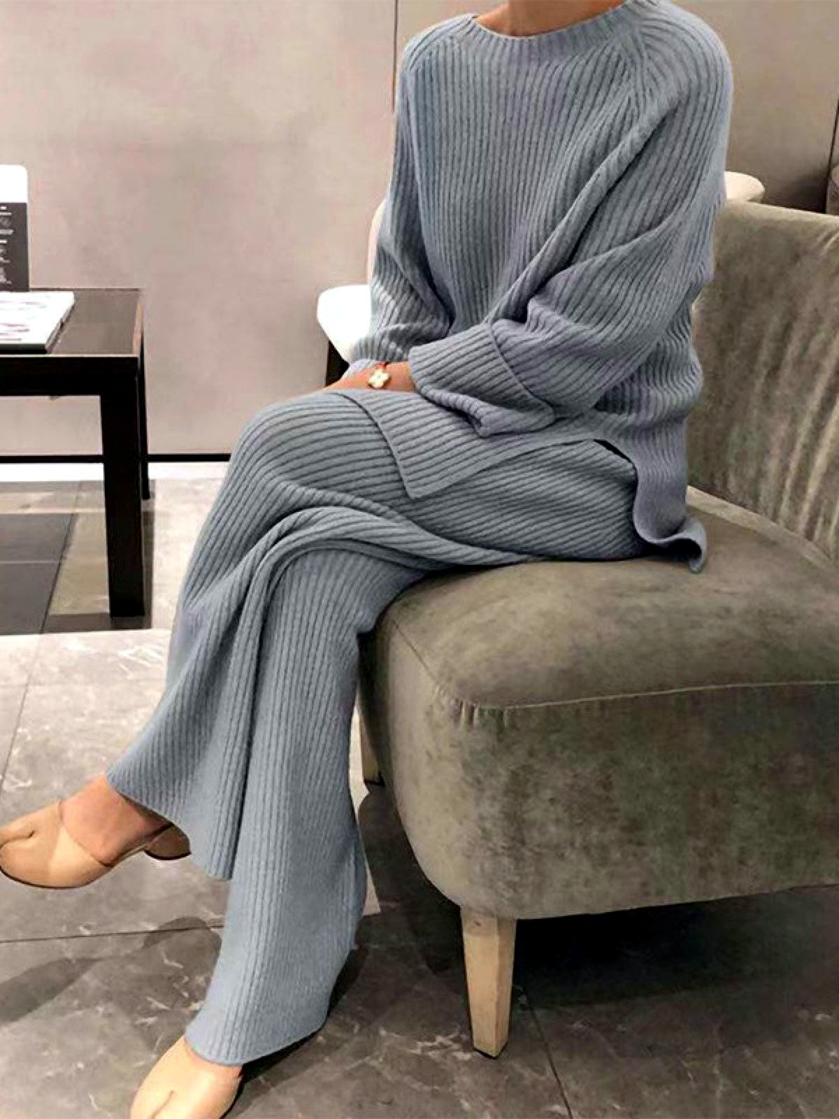 Women's Knit Solid-Color Long-Sleeve Two-Piece Set in Gray - product view