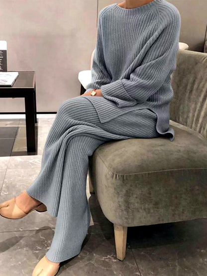 Women's Knit Solid-Color Long-Sleeve Two-Piece Set in Gray - product view