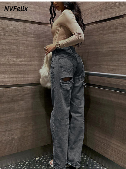 Women's Washed Denim Distressed Slim-Fit High-Waist Straight-Leg Jeans - product detail view 4