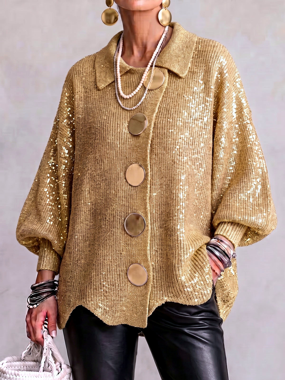 Knit Point-Collar Relaxed-Fit Cardigan in Yellow - product view