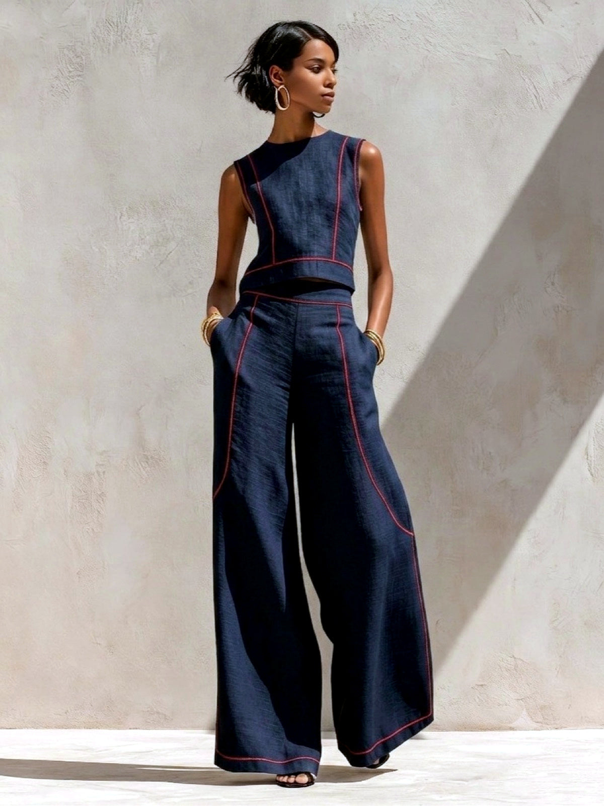Women's Colorblock Sleeveless Wide-Leg Top & Pants Set in Blue - product view