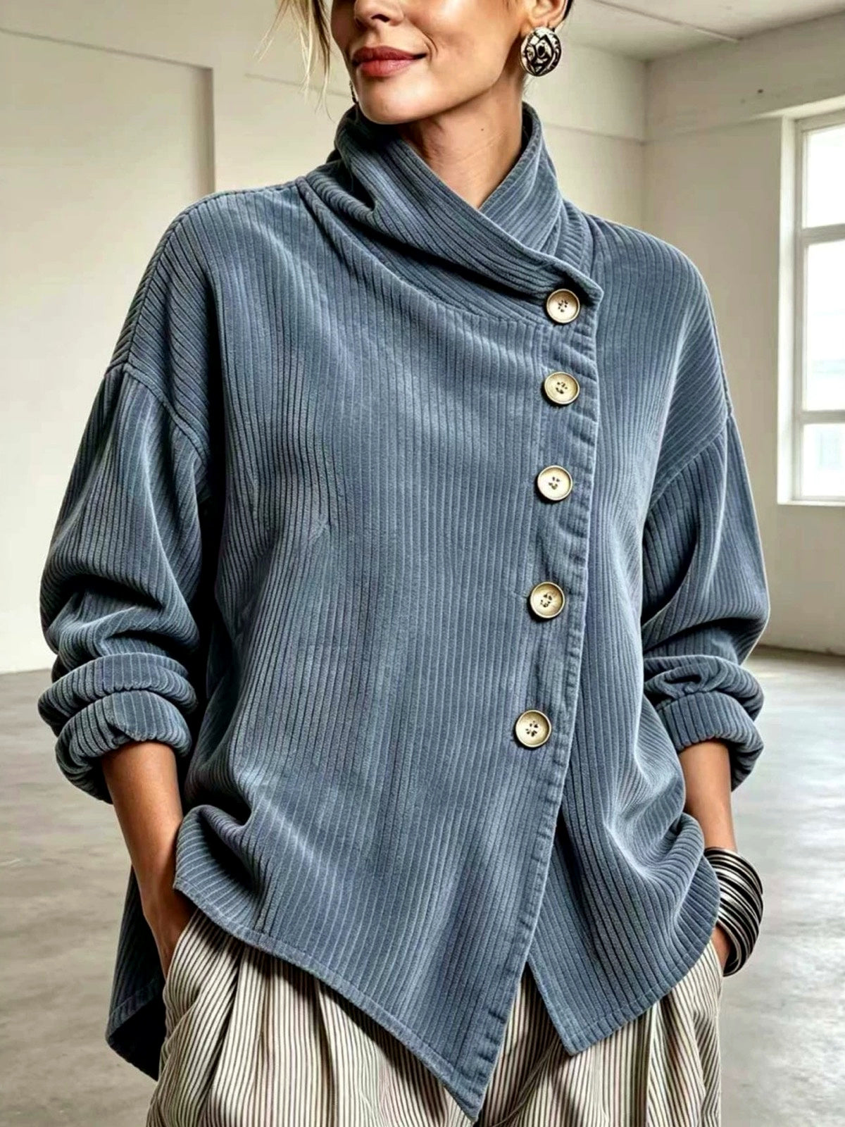 Women's Corduroy Relaxed-Fit Asymmetric Jacket in Blue - product view