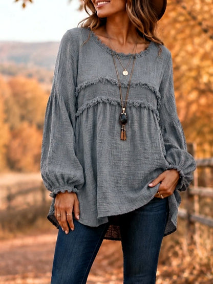 Fringe-Trim Lace-Trim Patchwork Accessory in Gray - product view