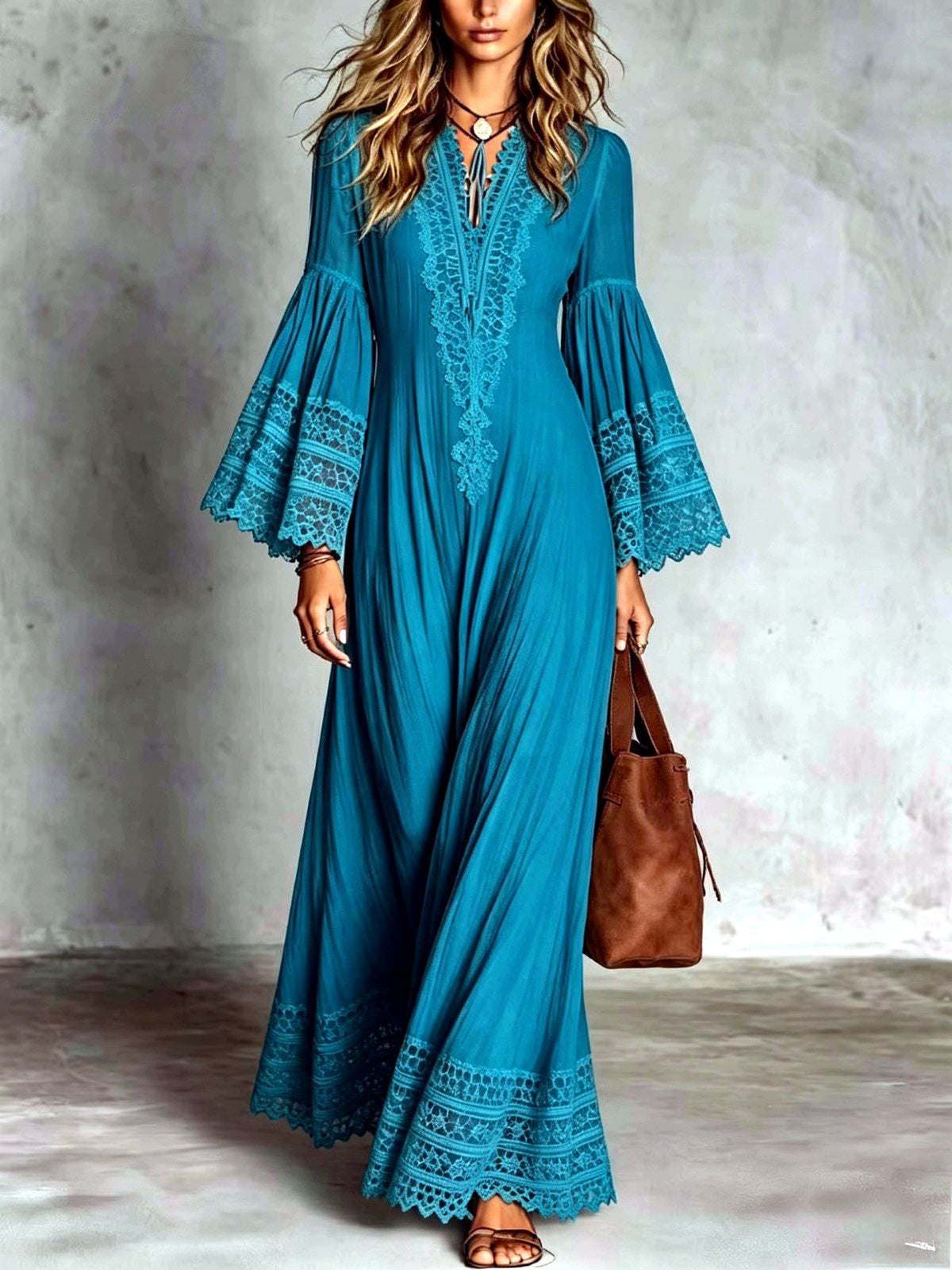 Lace-Trim Patchwork Vintage-Inspired Dress in Blue - product view