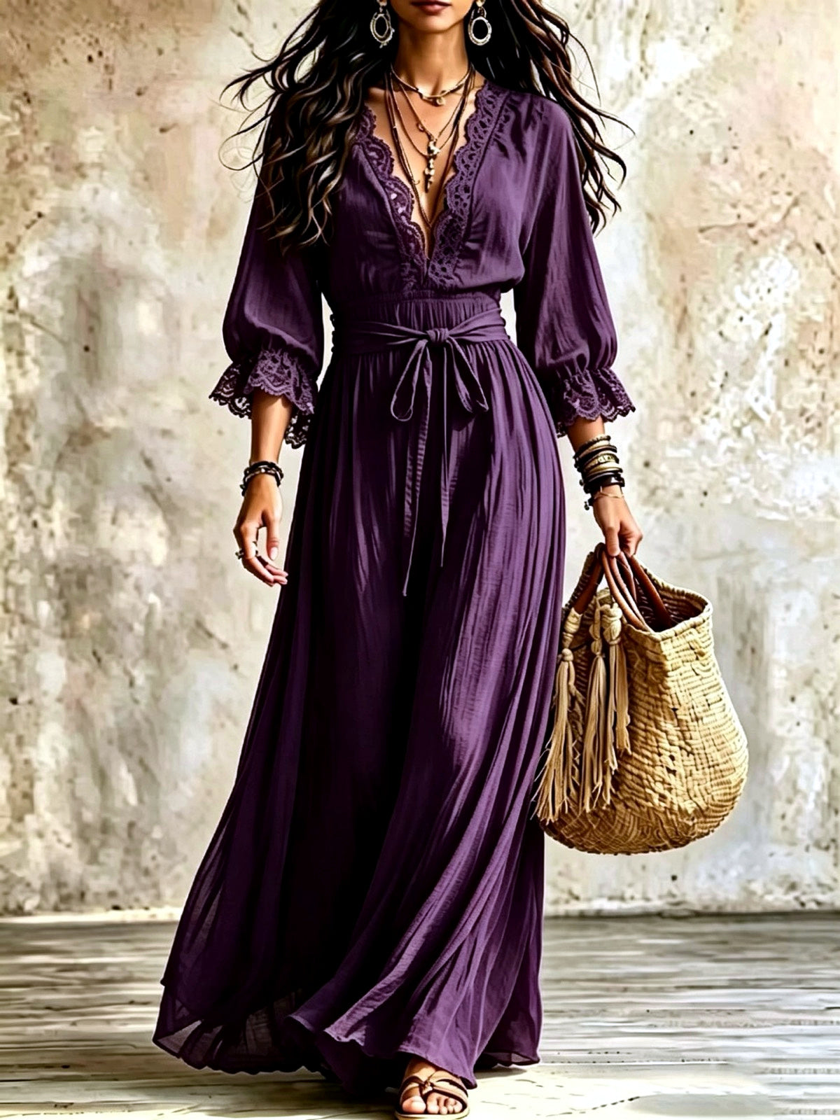 Women's V-Neck Lace-Trim Belted Flared Apparel in Purple - product view