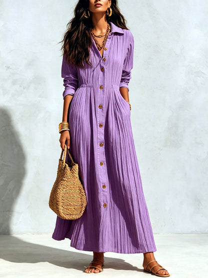Women's Solid-Color Relaxed-Fit Slim-Fit Point-Collar Long-Sleeve Vacation Dress in Purple - product view