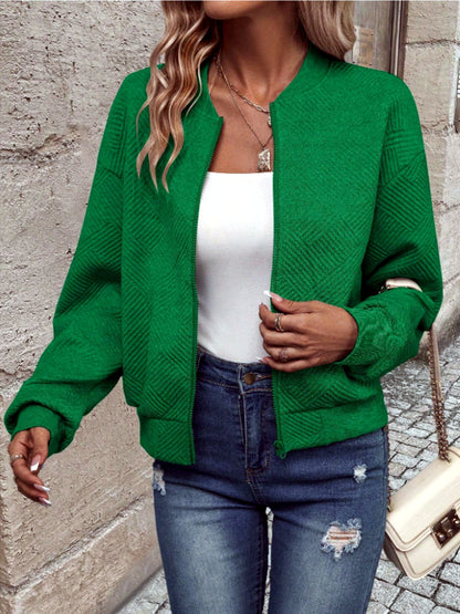 Women's Solid-Color Zip-Front Long-Sleeve Jacket in Green - product view