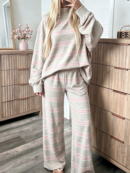 Women's Striped Printed Two-Piece Set in Red - product view