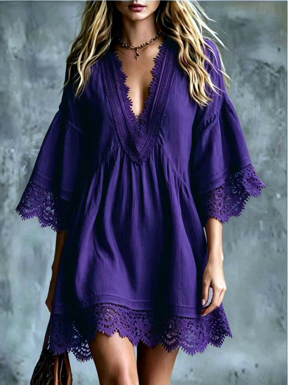 Women's Lace-Trim Patchwork Longline Mid-Length Dress in Purple - product view