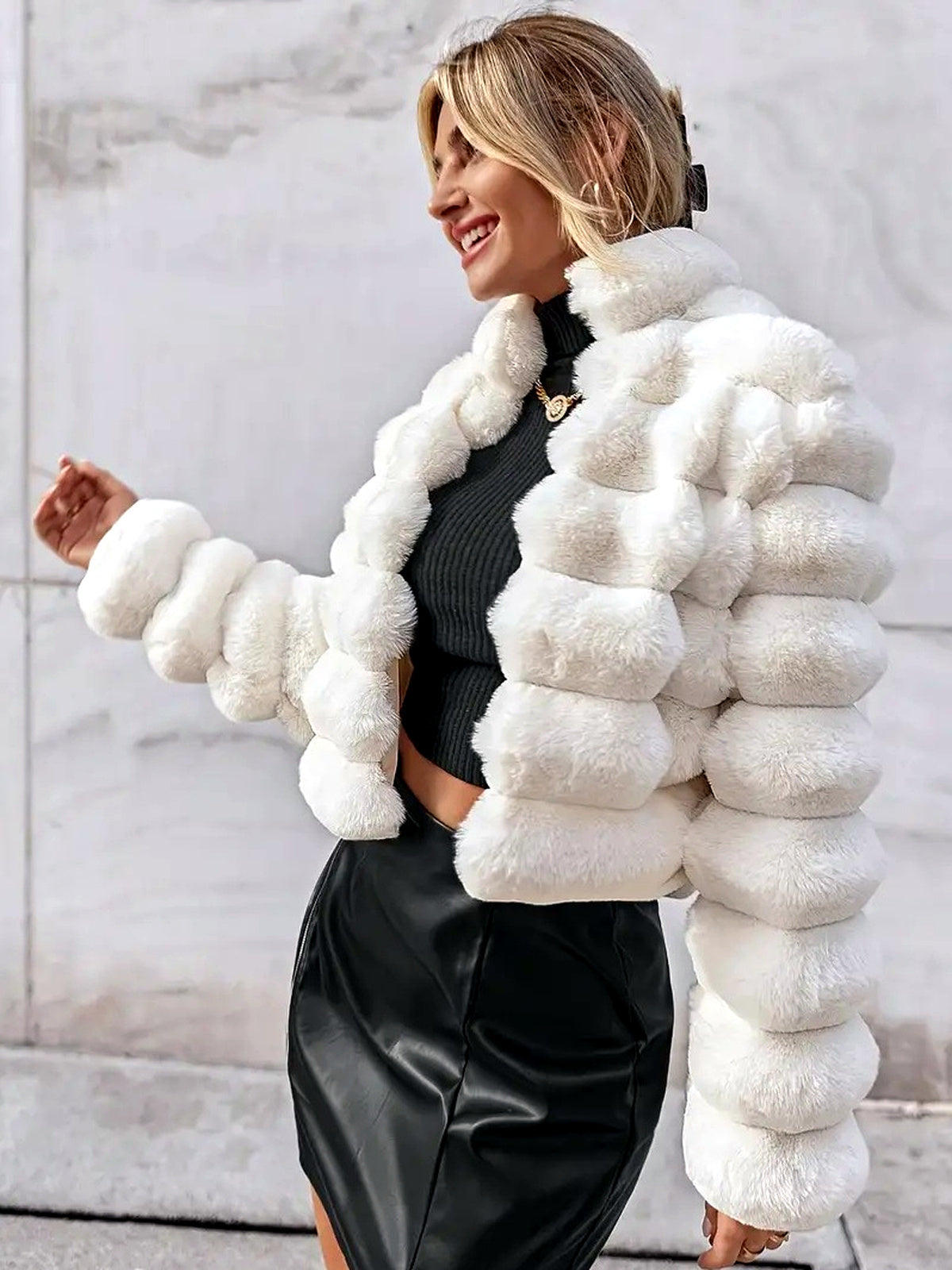 Women's Faux-Fur Long-Sleeve Coat - product detail view 3