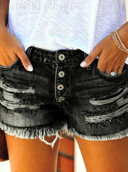 Women's Washed Denim Distressed Relaxed-Fit Mid-Rise Straight-Leg Shorts in Black - product view