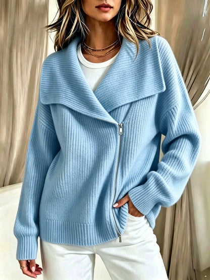 Women's Knit Solid-Color Zip-Front Relaxed-Fit Cardigan in Blue - product view