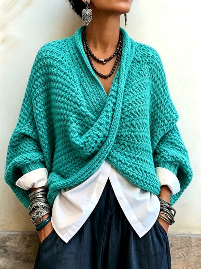 Knit Solid-Color V-Neck Pullover Relaxed-Fit Long-Sleeve Woven Sweater - product detail view 3