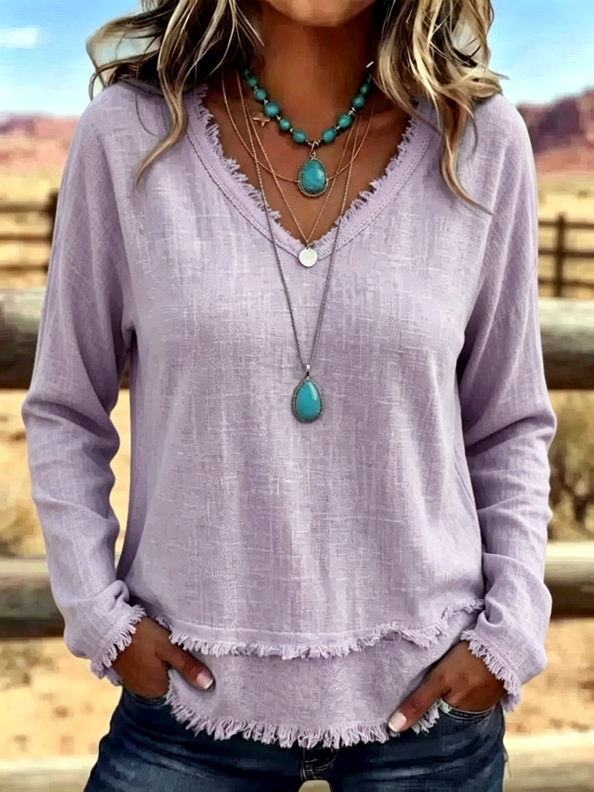Women's Solid-Color V-Neck Relaxed-Fit Long-Sleeve T-Shirt in Light Purple - product view