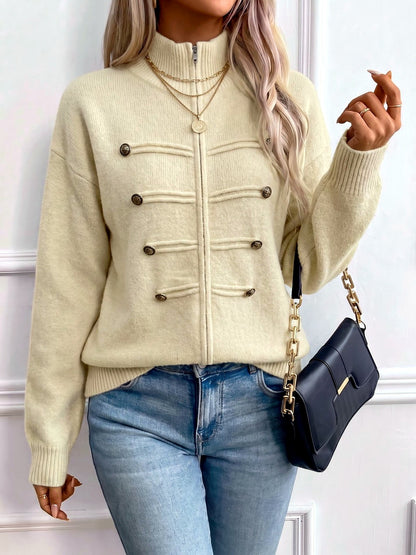 Women's Knit Stand-Collar Zip-Front Cardigan in Apricot - product view