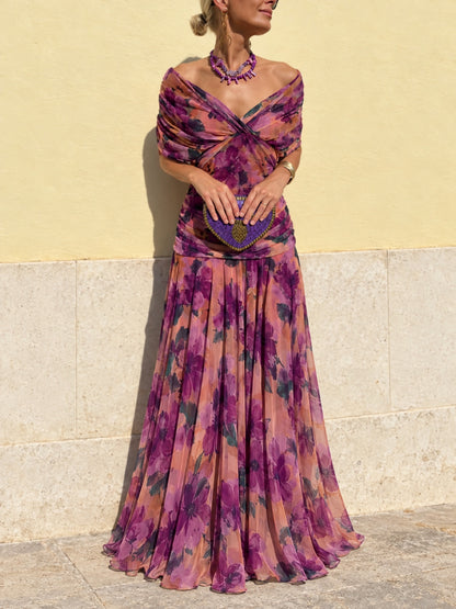 Women's Printed Solid-Color V-Neck Off-Shoulder Pullover Stretch Dress