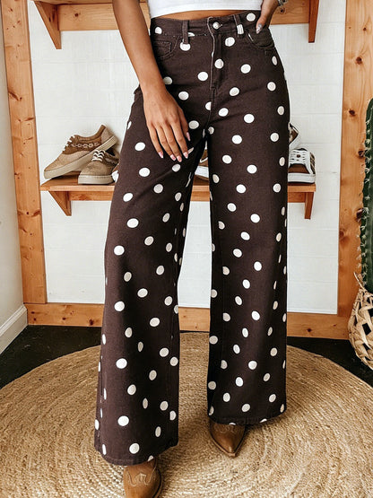 Women's High Waist Printed Wide Leg Jeans, Polka Dot Straight Denim Pants