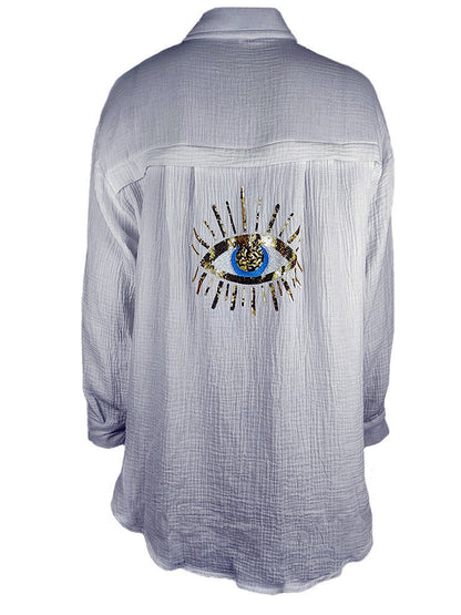 Women's V Neck Sequin Pocket Blouse, Loose Long Sleeve Casual Shirt