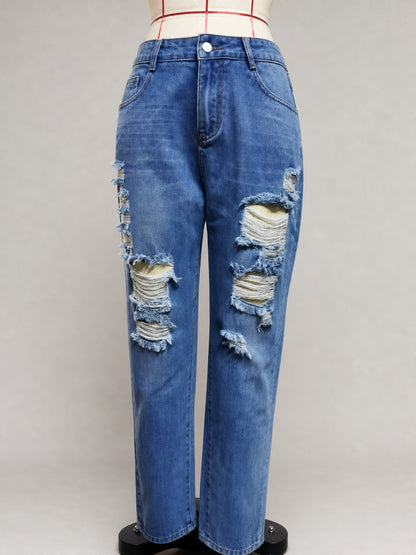 Women's Destroyed Straight Leg Jeans, Washed Ripped Denim Pants with Casual Ankle Length Fit