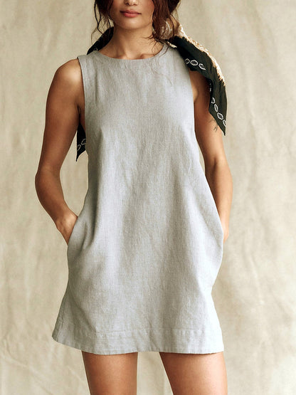 Women's Linen Blend Backless Mini Dress, Sleeveless Solid Color Summer Tank Dress