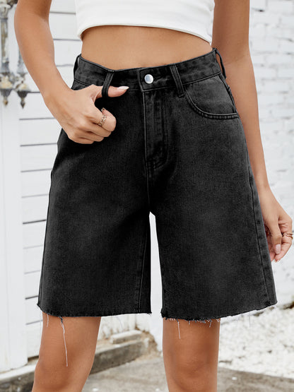 Women’s Washed Straight Denim Bermuda Shorts Raw Hem Casual Streetwear Jean Shorts