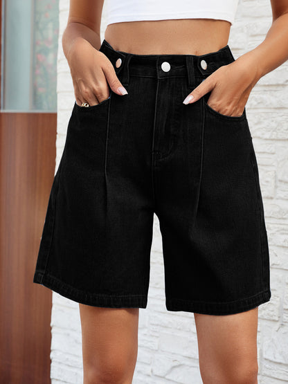 Women’s Adjustable Waist Washed Denim Bermuda Shorts Mid Length Streetwear Jean Shorts