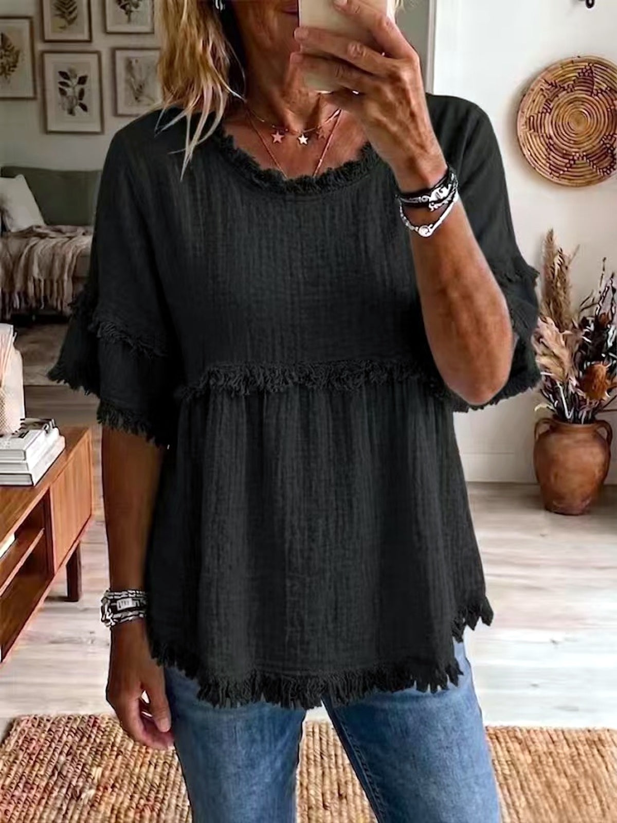 Women's Textured Fringe Short Sleeve Top, Round Neck Casual Summer Blouse