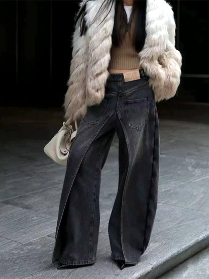 Women's Denim Patchwork Stretch High-Waist Wide-Leg Jeans - product detail view 7