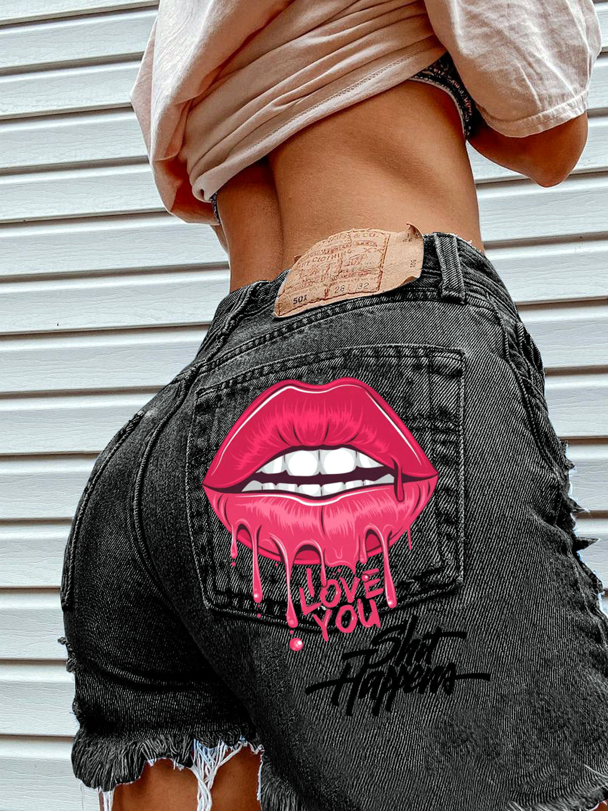 Women's Denim Printed Distressed Relaxed-Fit High-Waist Straight-Leg Shorts - product detail view 6