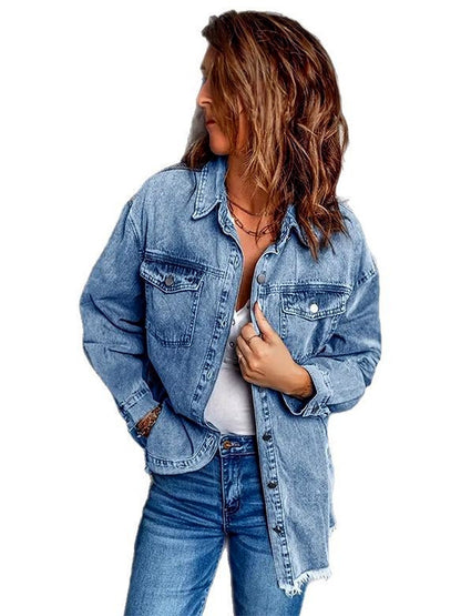 Women's Denim Raw-Hem Relaxed-Fit Slim-Fit Straight-Leg Long-Sleeve Polo Shirt - product detail view 6