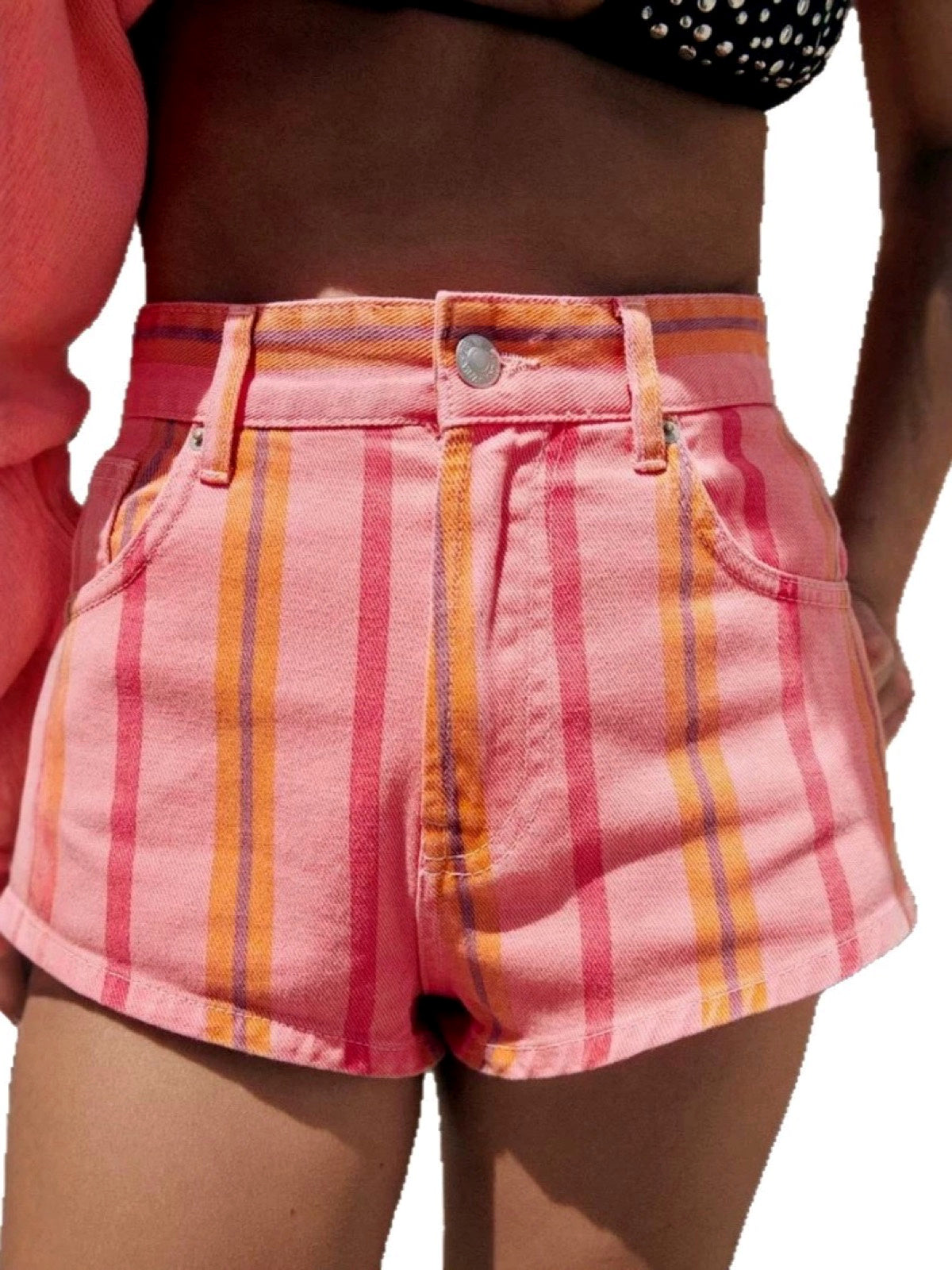 Women's High Waist Distressed Denim Bermuda Shorts Raw Hem Ripped Jeans Striped Straight-Leg Shorts - product detail view 7
