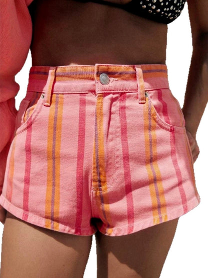Women's High Waist Distressed Denim Bermuda Shorts Raw Hem Ripped Jeans Striped Straight-Leg Shorts - product detail view 7