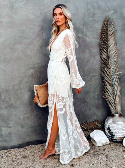Women's Solid-Color V-Neck Lace-Trim Zip-Front Long-Sleeve Dress - product detail view 5