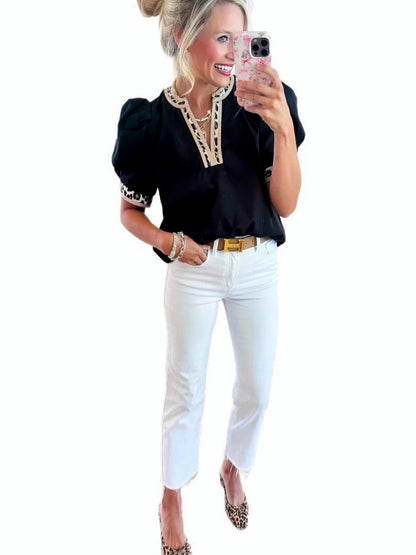 V-Neck Patchwork Short-Sleeve Longline Mid-Length Shirt - product detail view 6