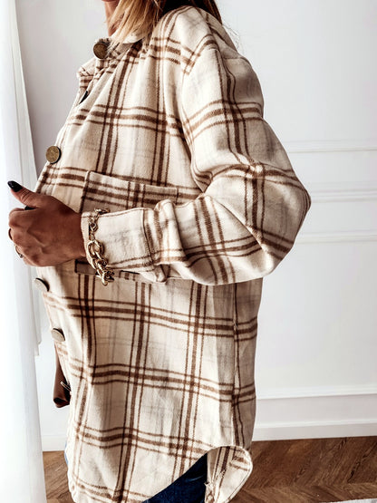 Women's Plaid Point-Collar Patchwork Relaxed-Fit Long-Sleeve Woven-Panel Cardigan - product detail view 5